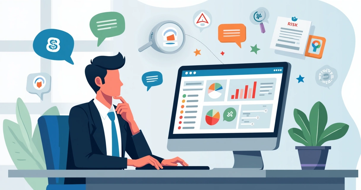 Ilustração corporativa flat de influenciador analisando gráficos de riscos e sentenças em tela de computador 