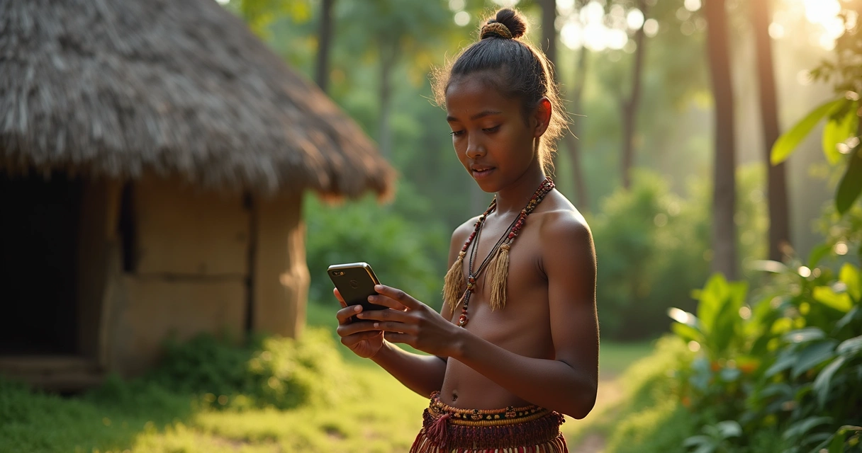 Jovem indígena gravando vídeo com smartphone em aldeia nas Américas 