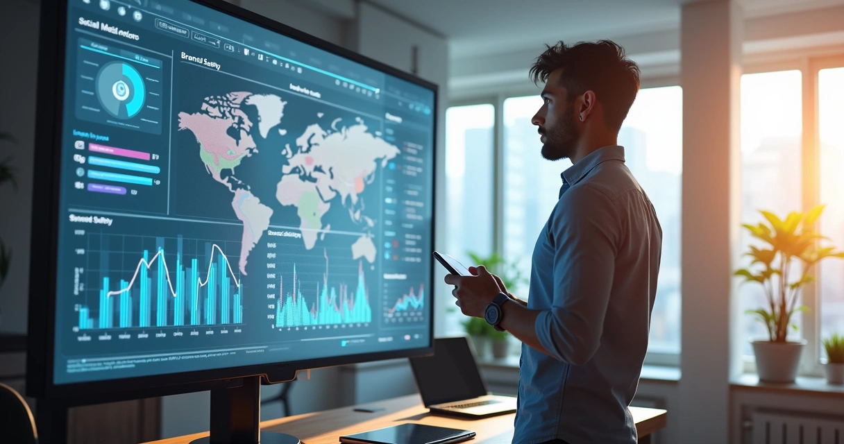 Influenciador digital analisando gráficos e dados de campanhas em tela grande com luz natural 