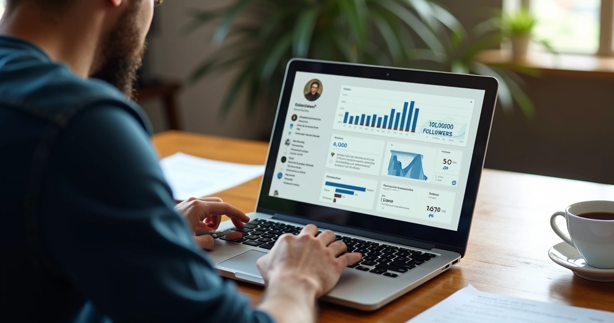 Homem analisando estatísticas de Instagram no notebook 