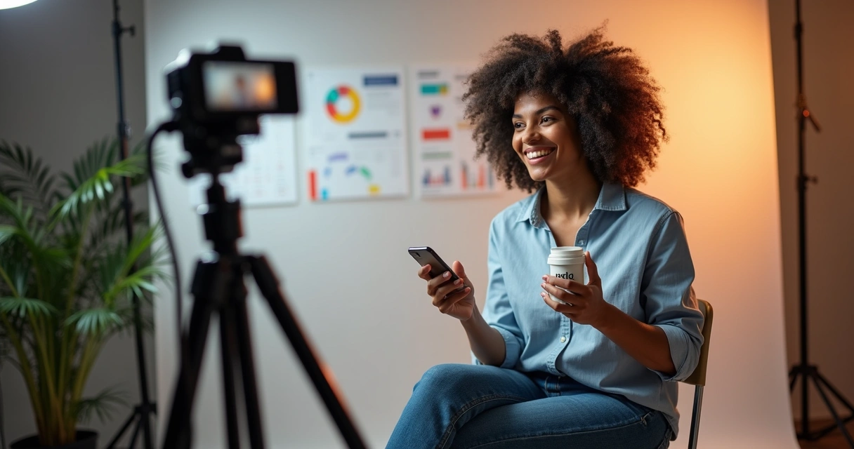 Influenciador segura produto em estúdio com fundo neutro. 