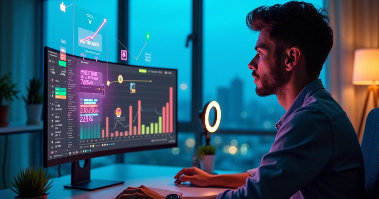 Influenciador digital apontando para gráfico de previsões online em tela flutuante 