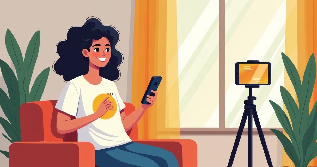 Influenciador segurando camiseta personalizada, gravando vídeo em cenário moderno