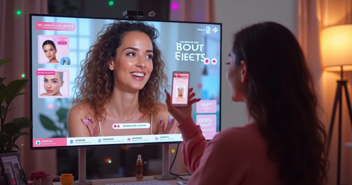 Influenciador apresentando produtos em live de vendas 