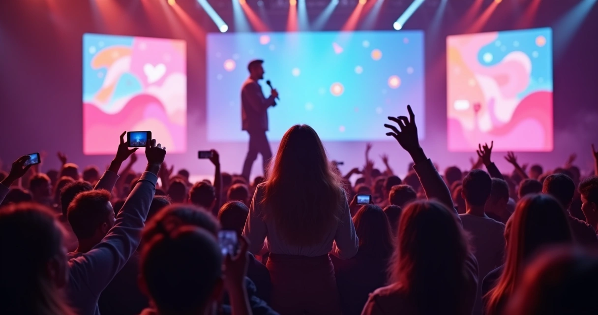 Influenciador conversando com público em evento, pessoas sorrindo e interagindo 
