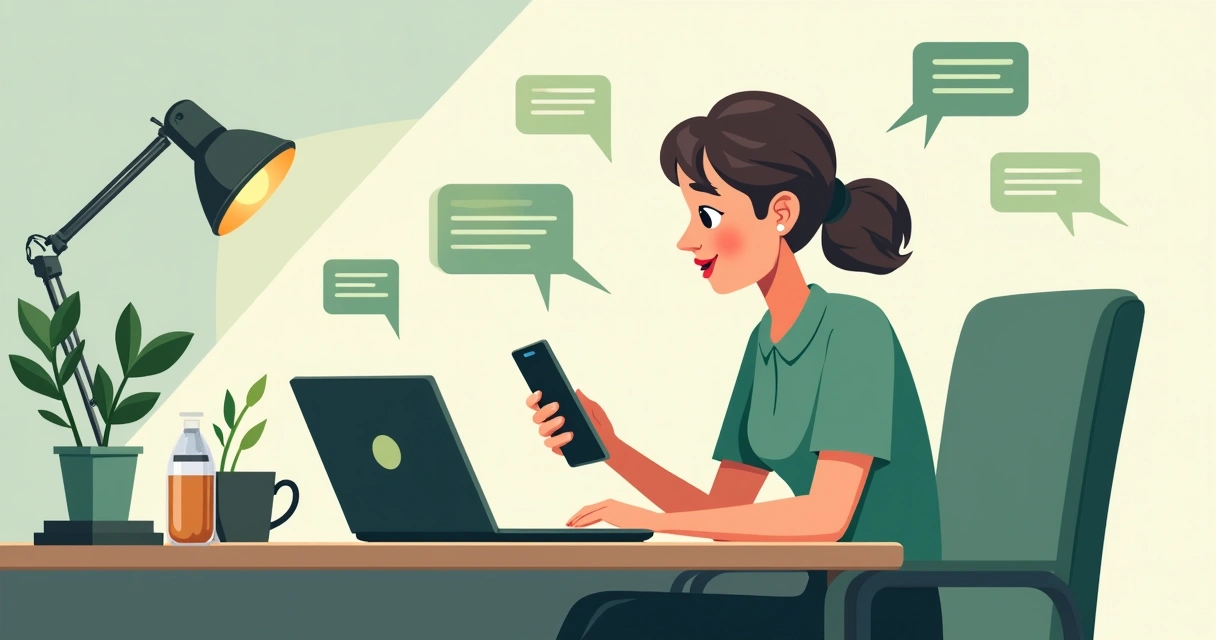 Influenciador digital respondendo seguidores pelo WhatsApp em mesa de trabalho