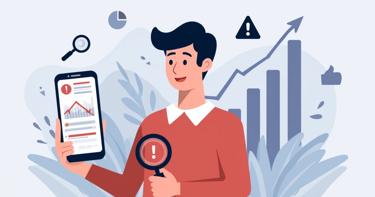 Ilustração corporativa flat de influenciador com sinal de alerta na tela do smartphone mostrando queda de engajamento 