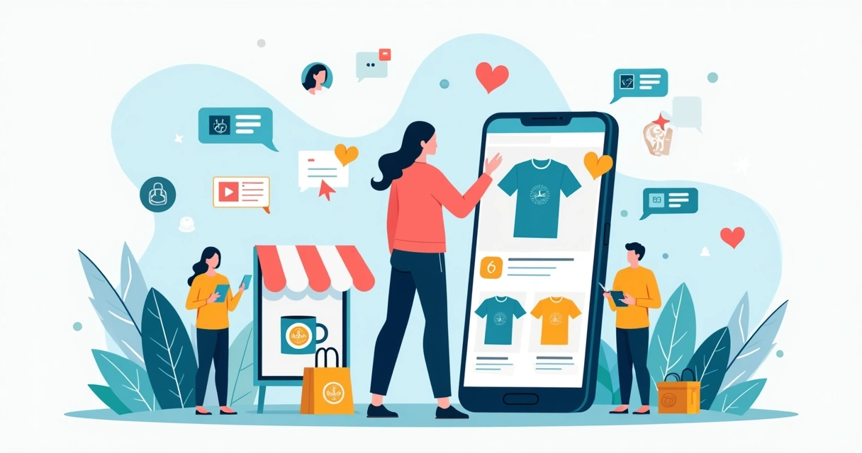 Influenciador digital mostrando produtos personalizados em loja online no celular 