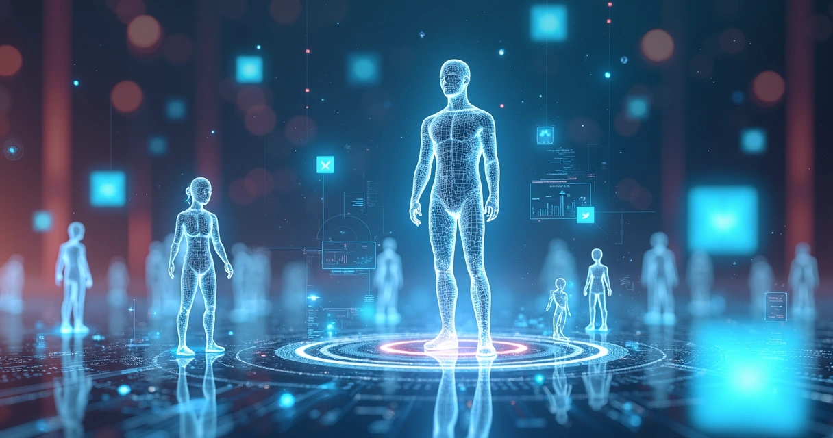 Influenciador digital virtual em cenário futurista com seguidores digitais 