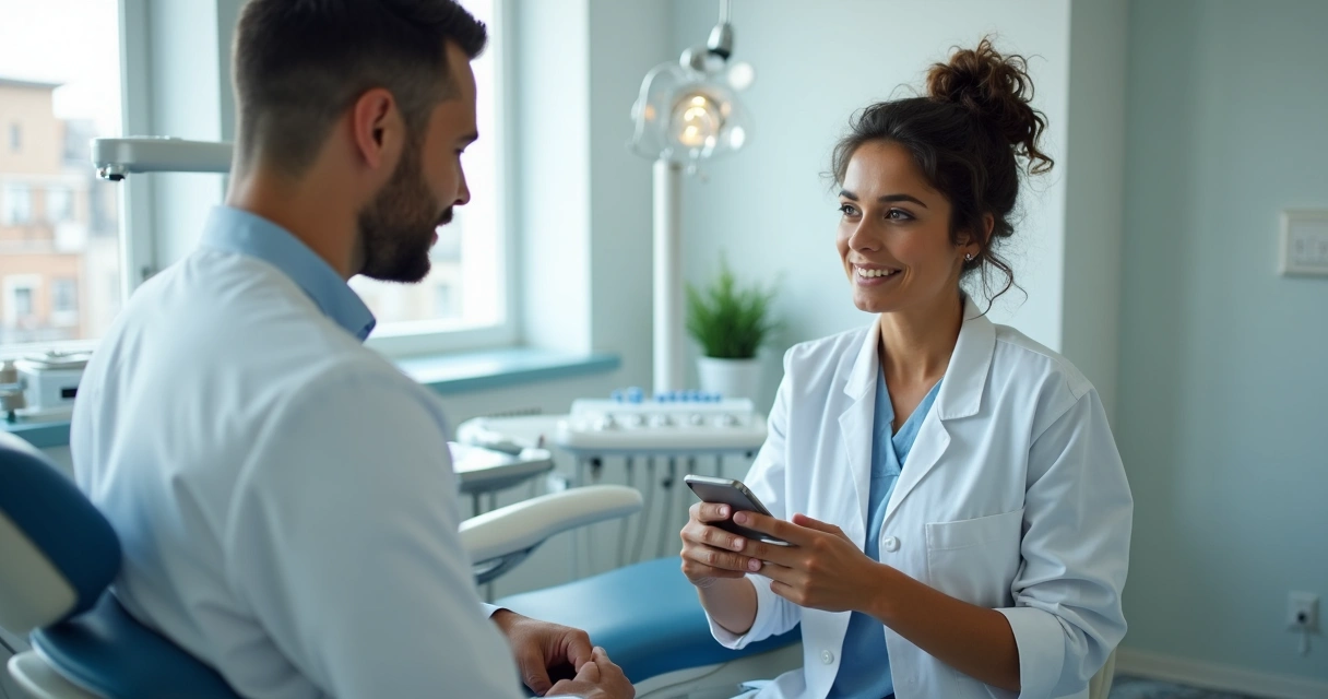 Influenciador conversando com dentista em clínica odontológica 