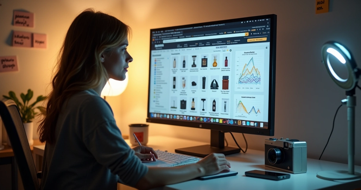 Influenciadora analisa desempenho de vídeos da Amazon em tela com produtos e gráficos 