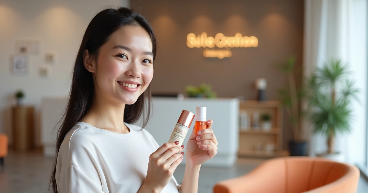 Influenciadora mostrando produto personalizado em ambiente de clínica moderna 