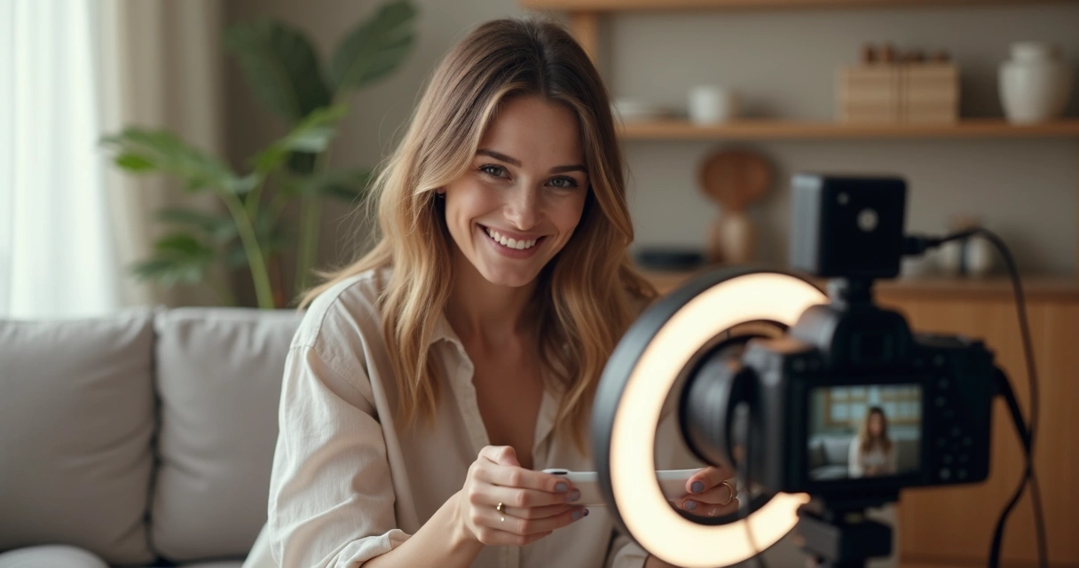 Influenciadora digital segurando um produto e gravando vídeo em ambiente caseiro 