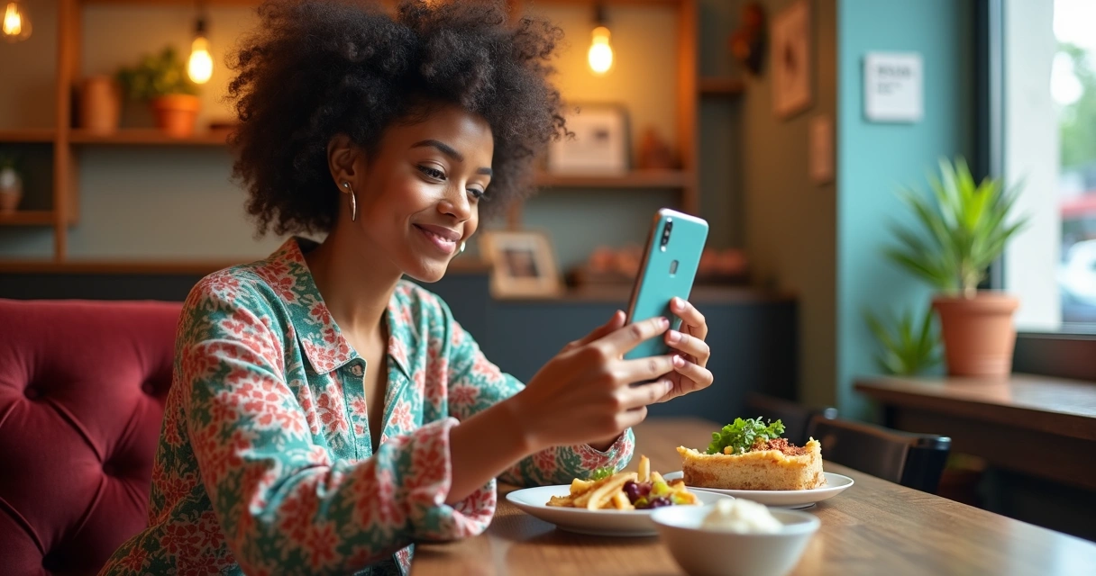 Influenciadora digital tirando foto comida 