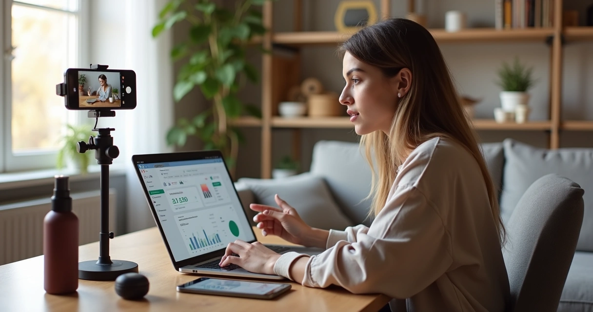 Influenciadora grava vídeo com links de afiliados no notebook e celular sobre a mesa 