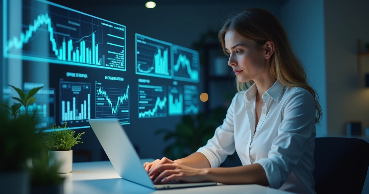Mulher analisando gráficos digitais com conexões de rede ao fundo 