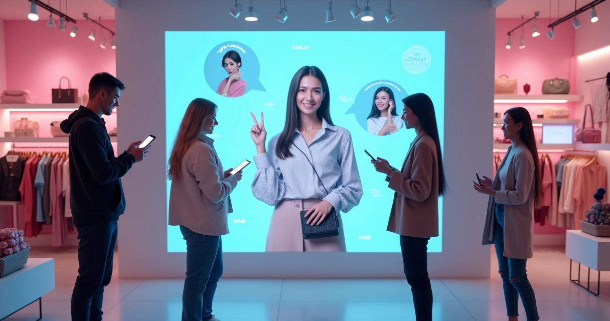 Influenciadora virtual interagindo com clientes no e-commerce de moda