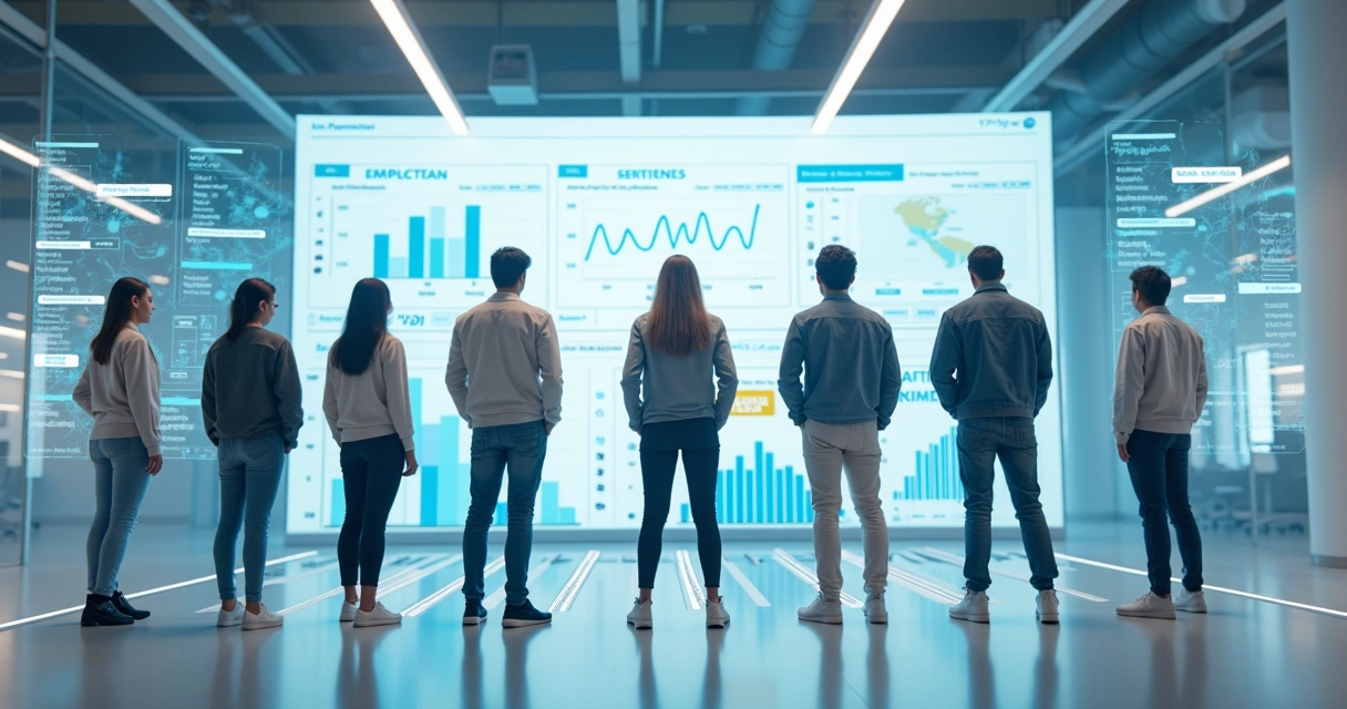 Influenciadores digitais de diferentes alturas posando em ambiente moderno com gráficos e dados de reputação ao fundo 
