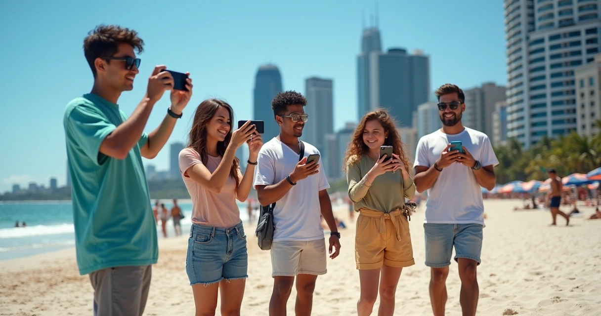 Grupo de influenciadores digitais gravando na praia de Balneário Camboriú, com prédios ao fundo 