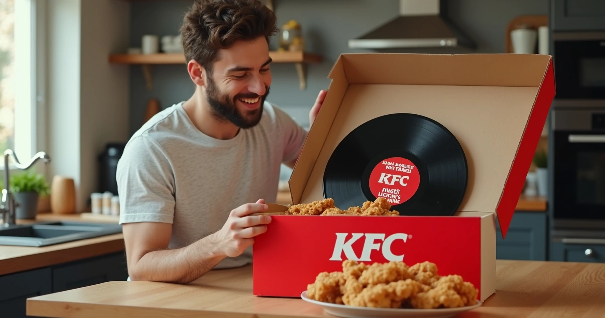Criador de conteúdo recebendo caixa Box Feast e disco single do KFC. 