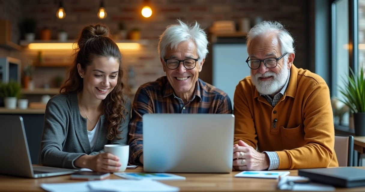 Três influenciadores de idades diversas em frente a laptops, em um escritório moderno. 
