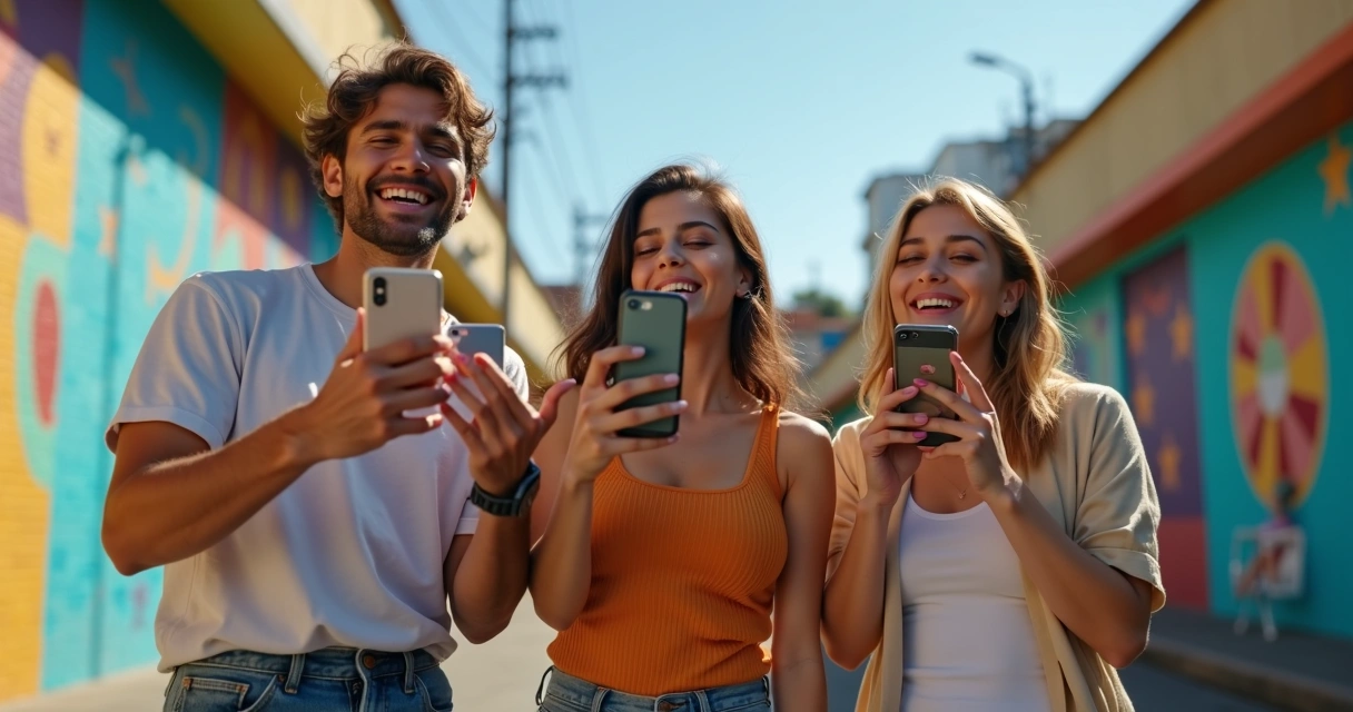 Três influenciadores digitais gravando stories juntos em cenário urbano de Curitiba 