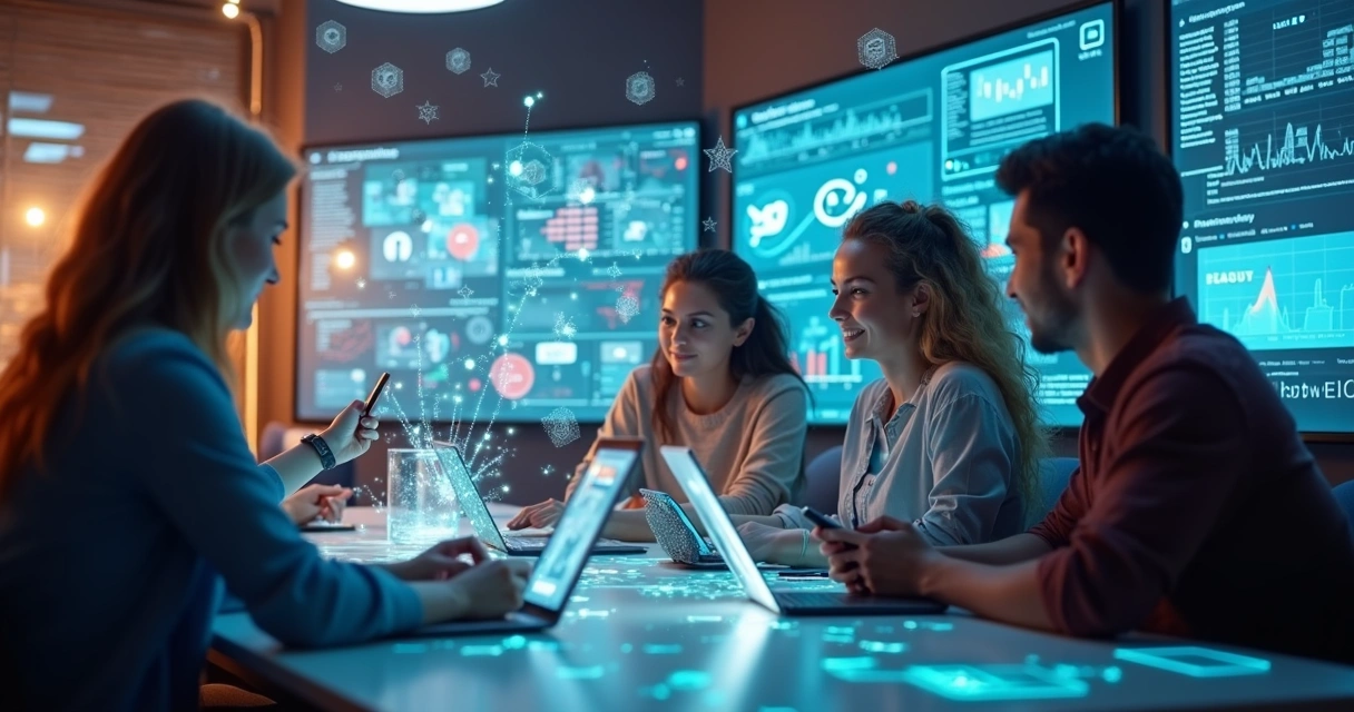 Diversos influenciadores digitais usando dispositivos móveis em ambiente moderno, gráficos de desempenho e redes sociais ao fundo 