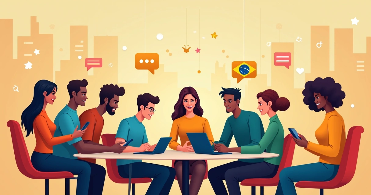 Grupo de influenciadores digitais no celular em ambiente de debate político