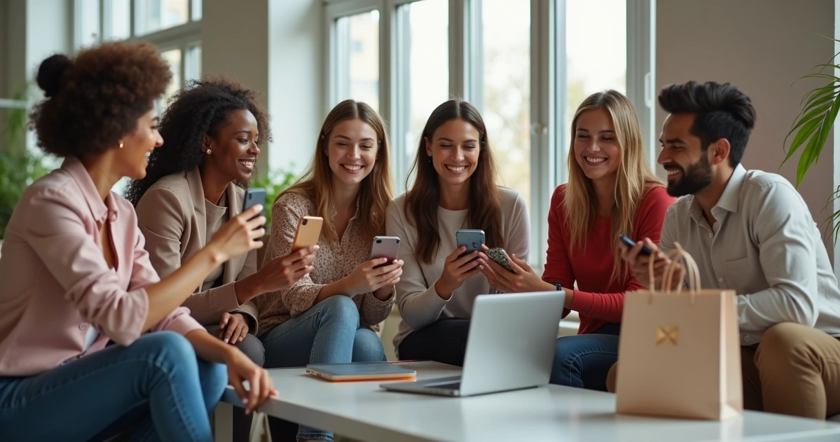 Grupo de influenciadores digitais conversando em ambiente moderno, com smartphones e luz natural 