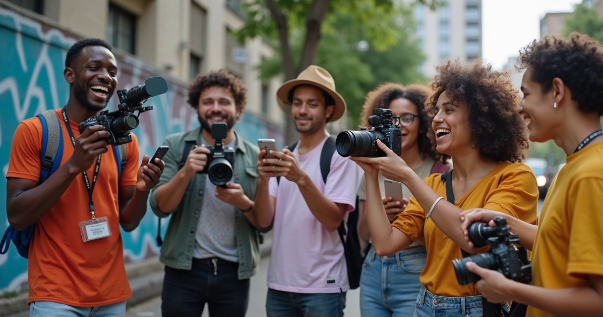 Grupo diverso de creators gravando vídeos para redes sociais juntos, com câmeras e celulares em um cenário urbano 