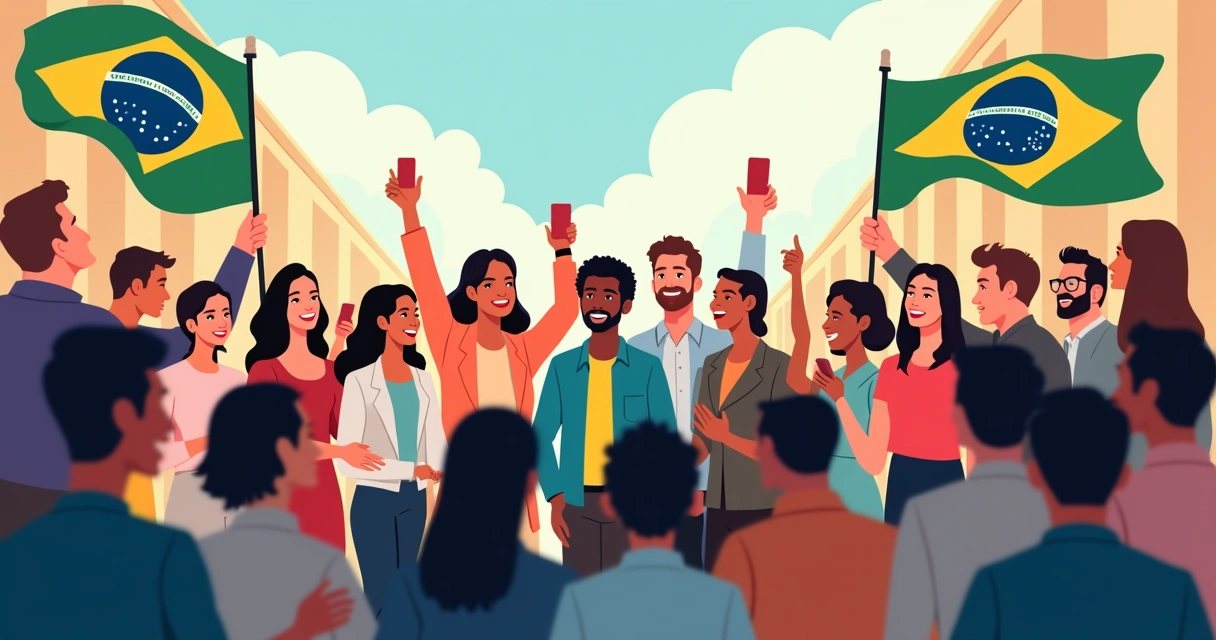 Influenciadores reunidos em evento político, grupo diverso, clima brasileiro
