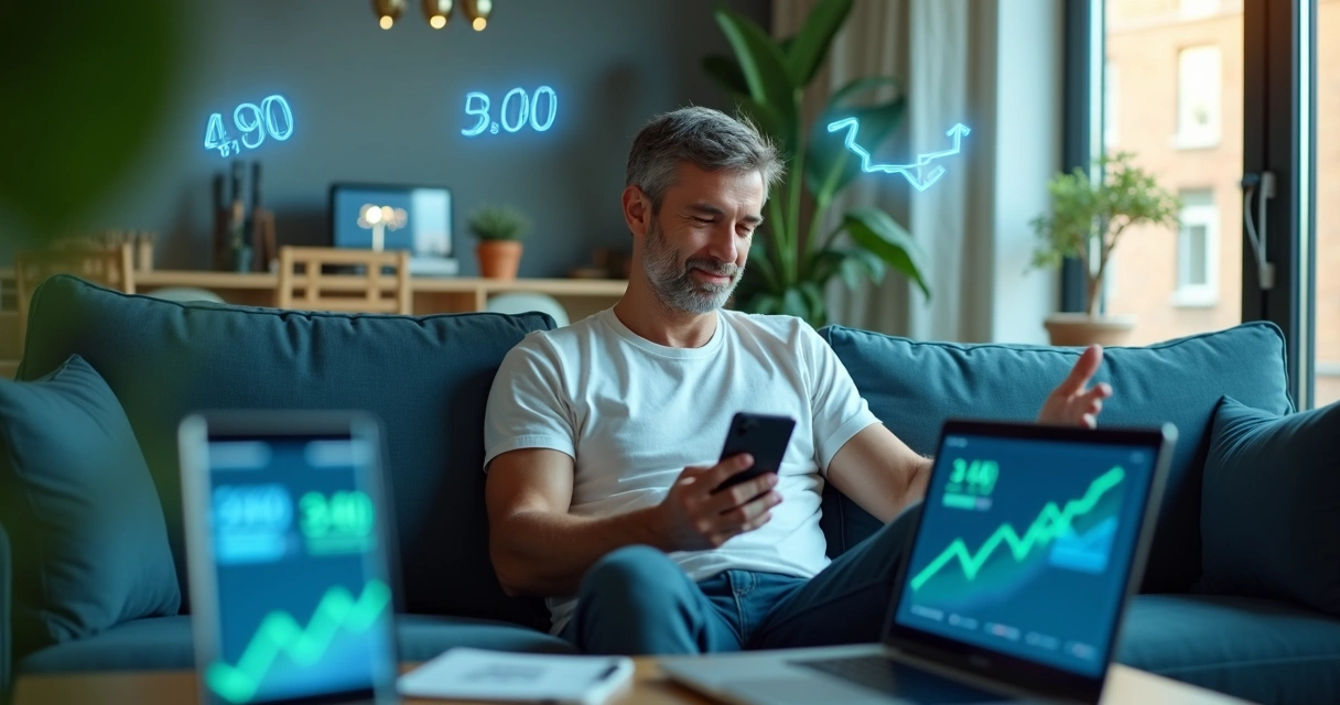 Pessoa no sofá assistindo vídeos de influenciadores de finanças em vários dispositivos 
