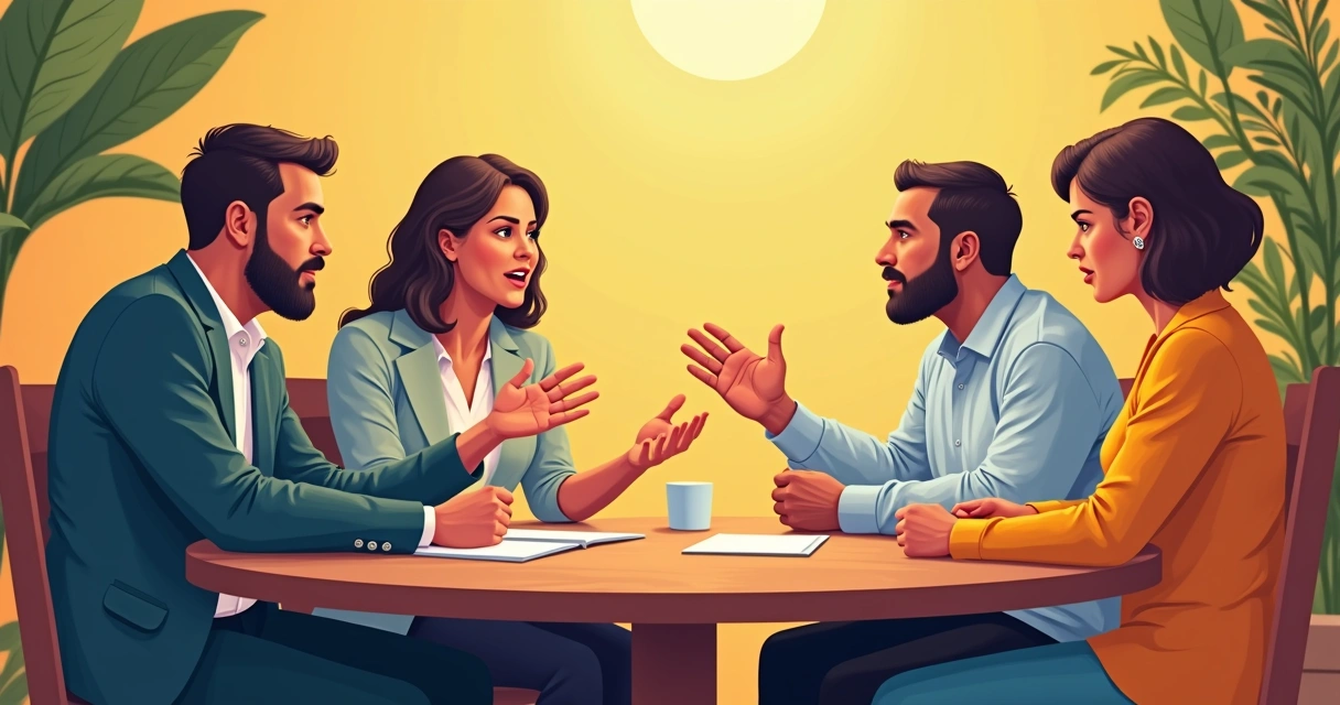 Debate entre líderes comunitários de uma pequena cidade sobre eleições, ambiente descontraído com mesa redonda, expressando liderança local 