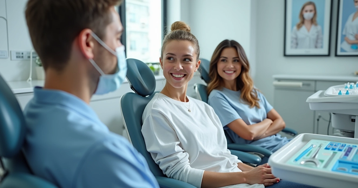 Microinfluenciadores de odontologia reunidos em um consultório, conversando em clima descontraído, com celulares e câmera 