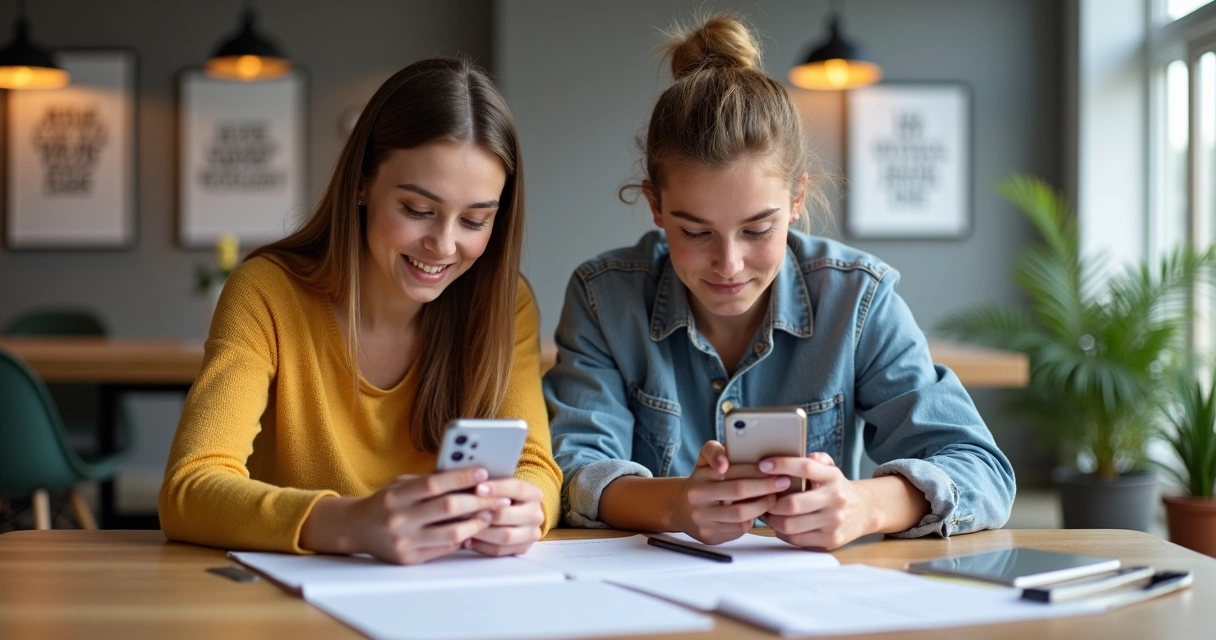 Dois influenciadores jovens digitando em celulares enquanto sondam perguntas em um ambiente descontraído 