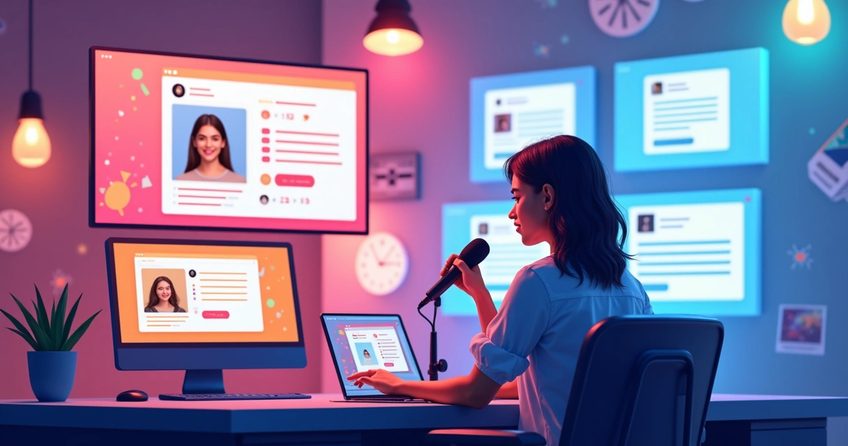 Influenciador digital em estúdio gravando, transmitindo para seguidores em várias redes sociais 