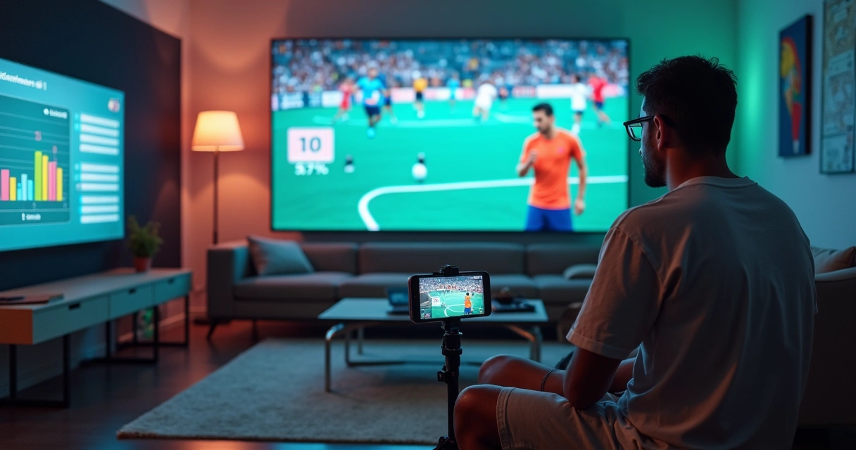 Influenciador brasileiro grava vídeo analisando evento esportivo com gráficos coloridos ao fundo 