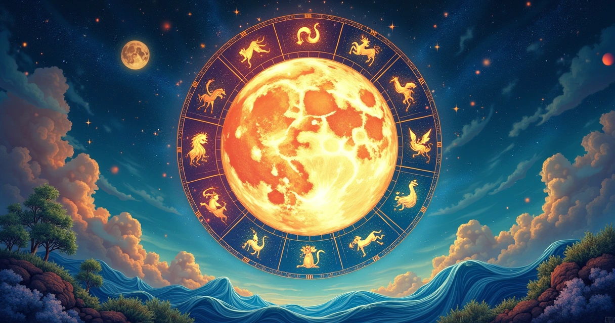 Roda zodiacal no centro com signos, planetas e elementos representados em um fundo cósmico colorido.