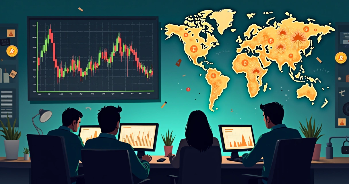 Ilustração mostrando as influências na flutuação dos preços do bitcoin, com gráfico, símbolos de moedas e alertas de segurança.