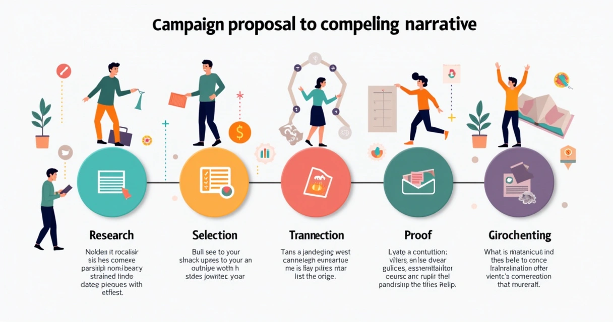 Infográfico colorido mostrando etapas da transformação de proposta em narrativa de campanha.