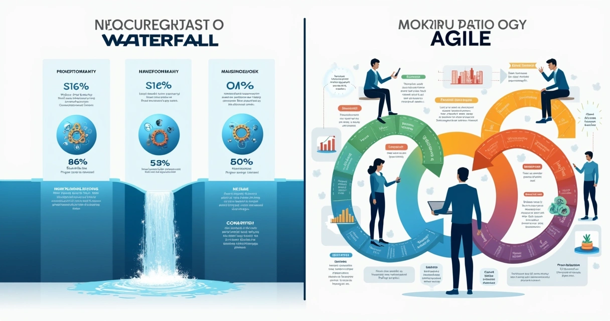 Infográfico comparando cascata e ágil na engenharia, com fluxos visuais distintos 