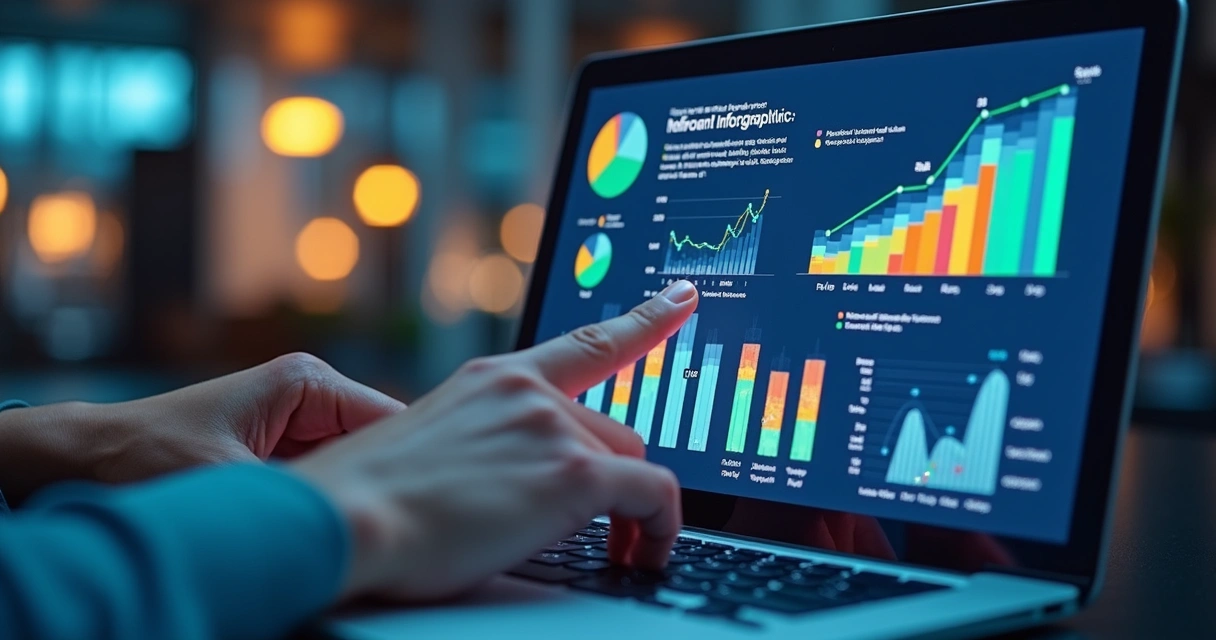 Exemplo visual de infográfico interativo com gráficos e áreas clicáveis 