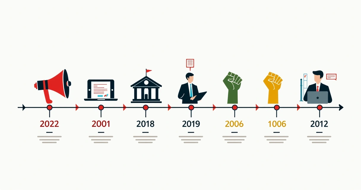 Linha do tempo de lutas sindicais com ícones e datas