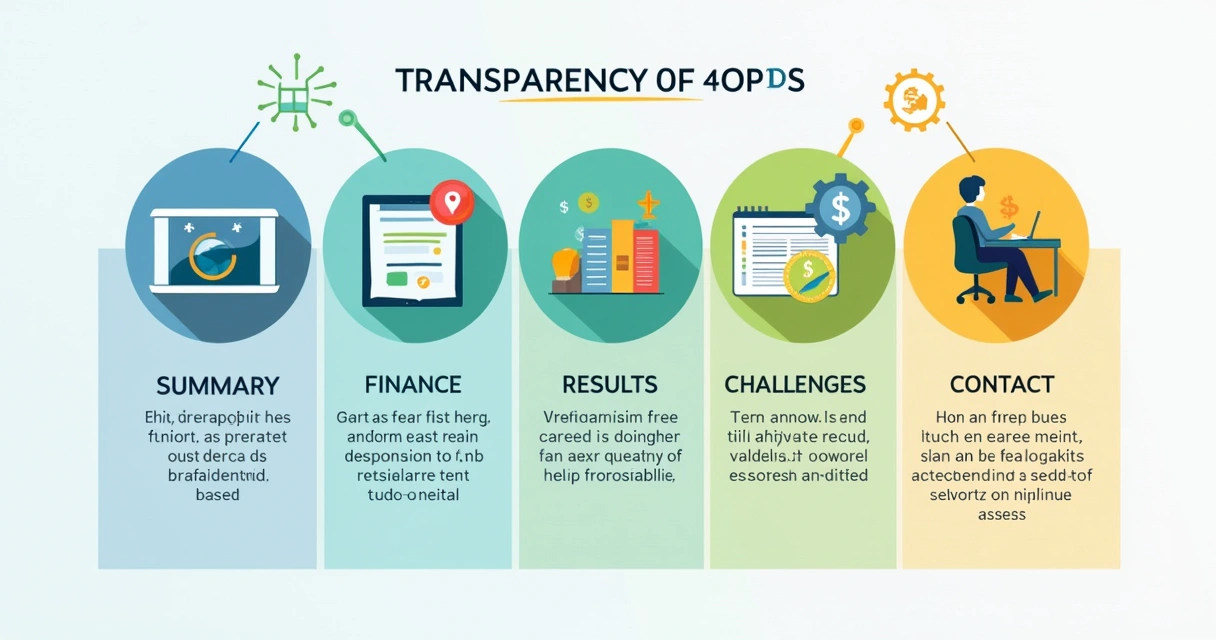 Infográfico colorido mostrando seções principais de um relatório de transparência, com ícones de ações, receitas e participação social 