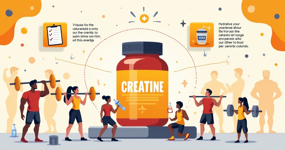 Infográfico sobre creatina com imagens de treino, container de creatina, ícones de segurança e hidratação.