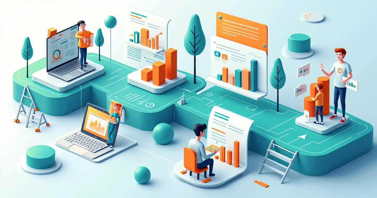 Infográficos ilustrados em timeline em uma landing page 