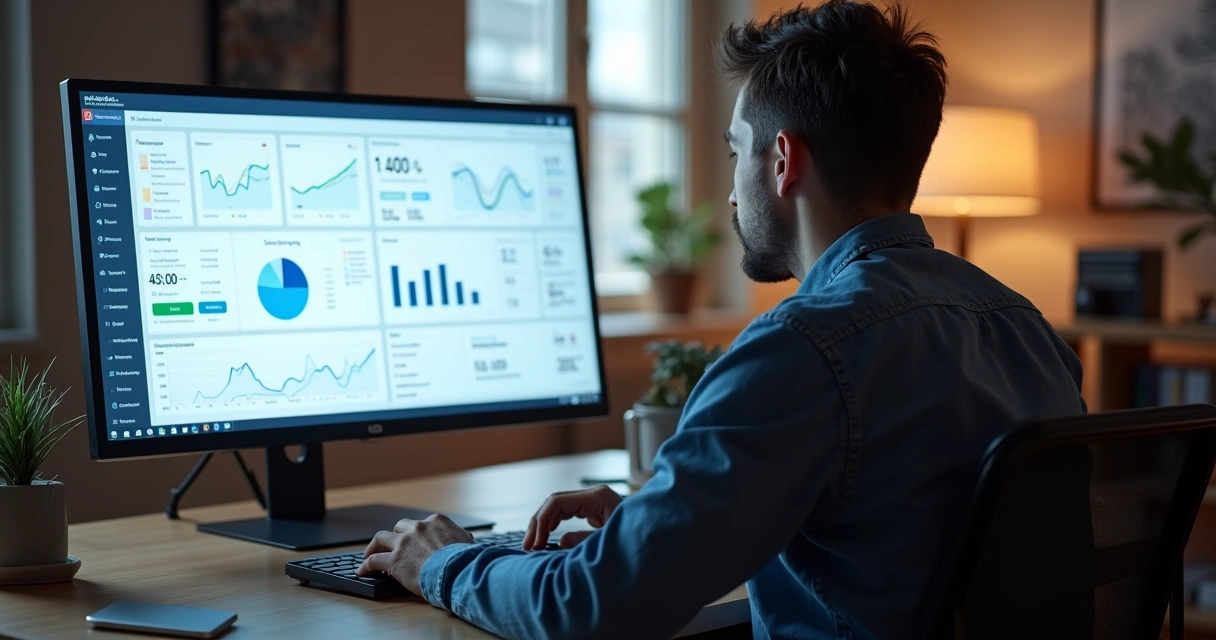 Homem olhando dashboards e métricas de vendas no computador 