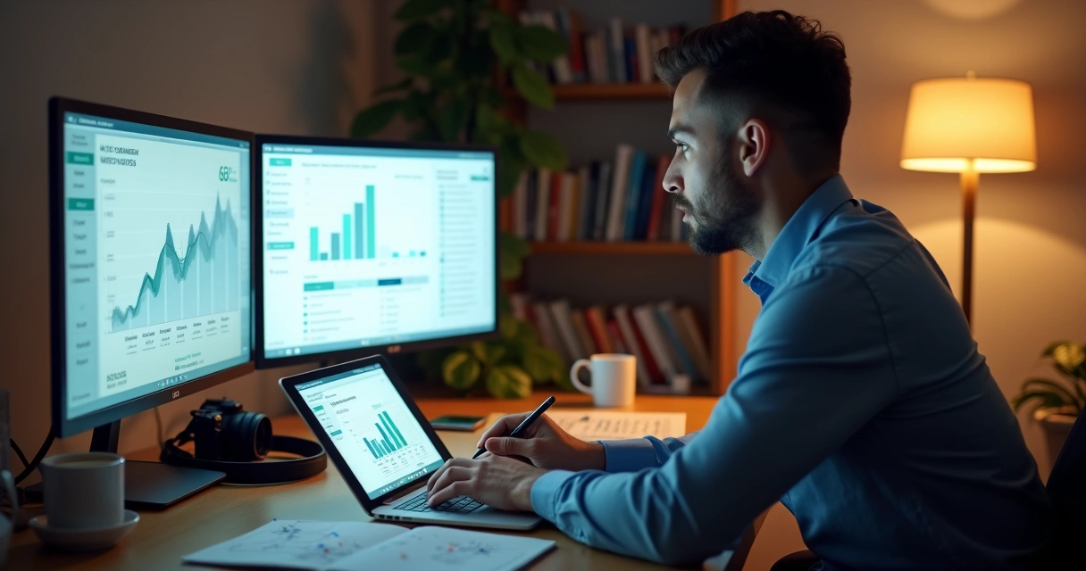 Infoprodutor em home office analisando projeções financeiras em gráficos digitais 
