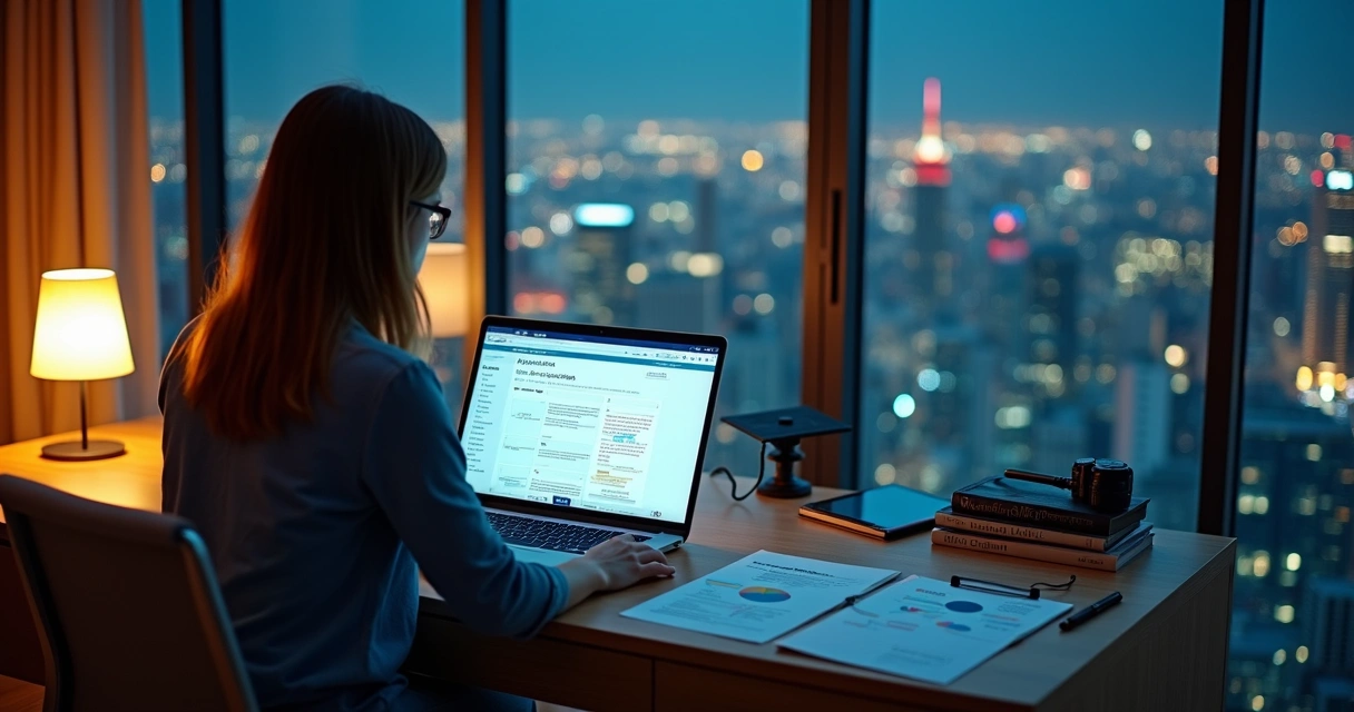 Infoprodutor em home office estruturando curso digital no notebook à noite 