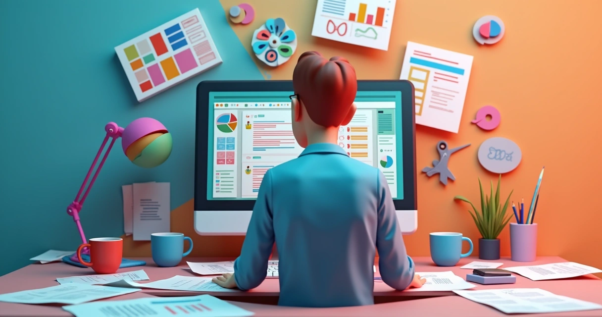 Infoprodutor frustrado em meio a vários layouts desconexos, copos de café e tela de computador bagunçada 